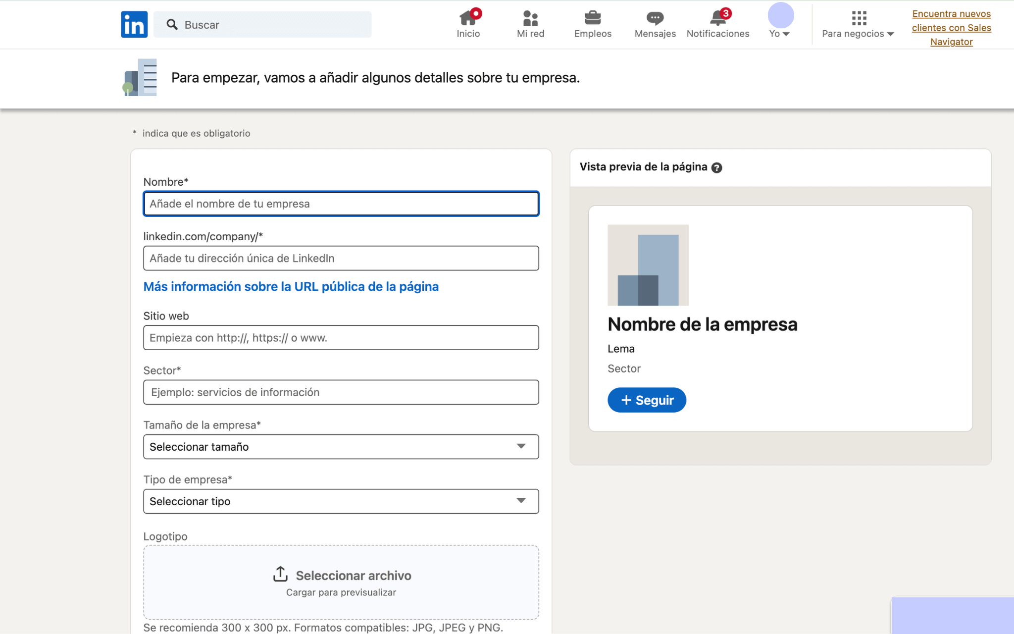 preencher os dados da página do LinkedIn