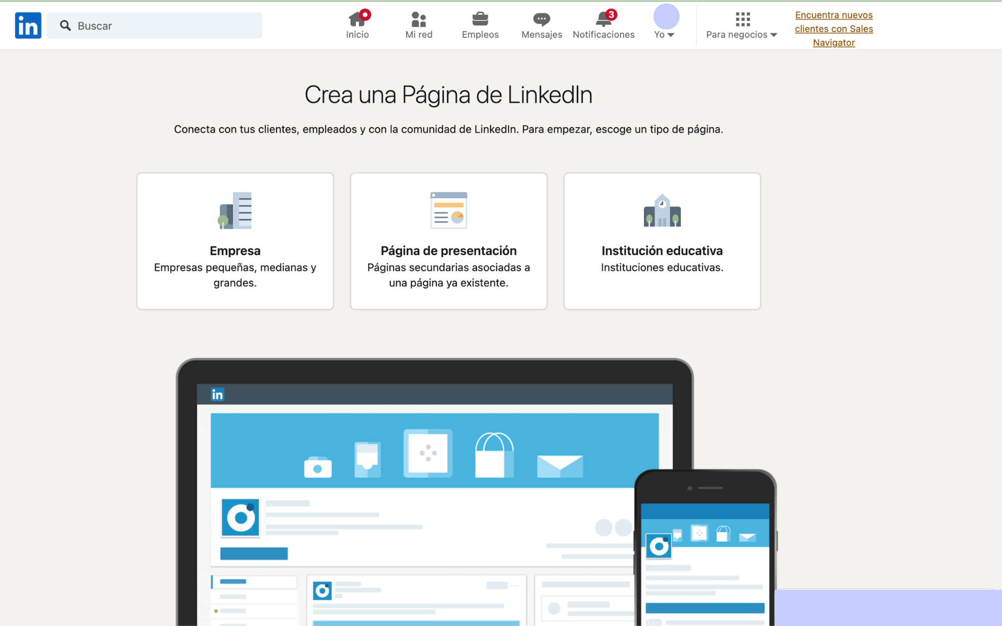 selecionar o tipo de página no LinkedIn